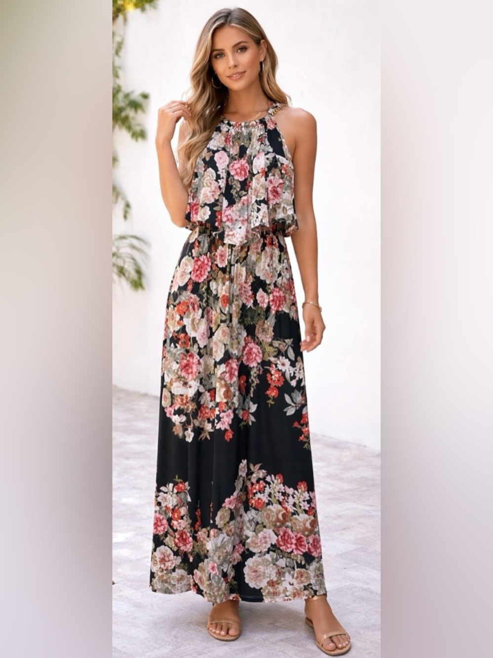 Floral Halter Maxi Dress - Black/Pink